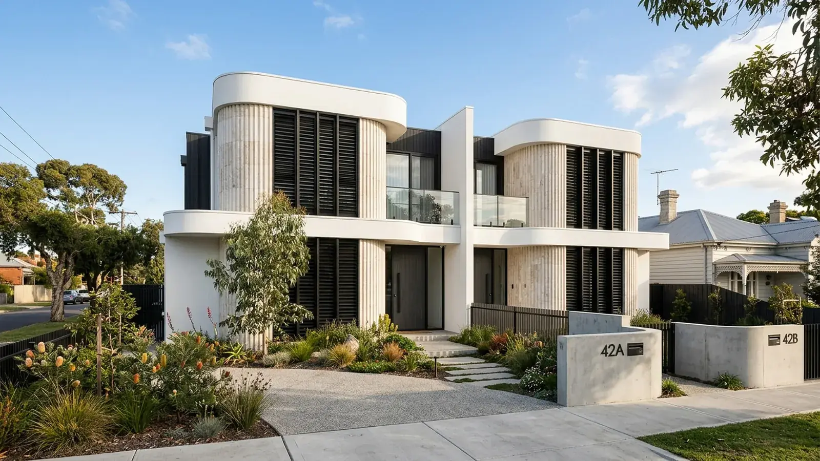 Architectural luxury dual occupancy townhouse project built in Melbourne by Trajcon